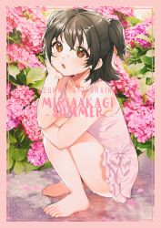 Rule 34 | 1girl, akagi miria, artist name, bare arms, bare legs, bare shoulders, barefoot, black hair, blush, border, brown eyes, character name, chungu, dress, flower, from side, glint, hydrangea, idolmaster, idolmaster cinderella girls, looking at viewer, open mouth, parted lips, pink border, pink dress, pink flower, short hair, solo, squatting, two side up, wet