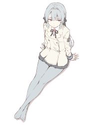Rule 34 | 1girl, absurdres, arm support, beige jacket, black ribbon, buttons, closed mouth, collared shirt, commentary request, crossed ankles, double-breasted, drop shadow, emblem, from above, frown, full body, gochisousama (tanin050), grey eyes, grey hair, grey pantyhose, grey skirt, hair between eyes, hair intakes, hair ribbon, highres, jacket, jitome, legs together, long hair, long sleeves, looking at viewer, looking up, miniskirt, neck ribbon, no shoes, pantyhose, plaid, plaid skirt, pleated skirt, ribbon, school uniform, shirt, shoujo kageki revue starlight, shoujo kageki revue starlight -re live-, simple background, sitting, skirt, solo, white background, white shirt, yukishiro akira