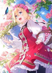 Rule 34 | 1girl, :d, animal, asahikawa hiyori, basket, black pantyhose, blonde hair, blue eyes, breasts, bug, butterfly, commentary request, dress, flower, frilled dress, frills, hair between eyes, insect, juliet sleeves, long sleeves, looking away, medium breasts, open mouth, original, pantyhose, petals, pink flower, pink rose, puffy sleeves, red dress, rose, shirt, short hair, sleeveless, sleeveless dress, sleeves past wrists, smile, solo, standing, white flower, white shirt