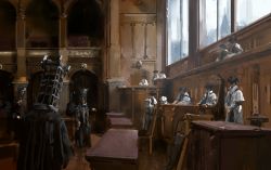 Rule 34 | 6+others, absurdres, bloodborne, cage, chair, desk, espen olsen saetervik, helmet, highres, indoors, long sleeves, looking at another, multiple others, own hands together, people, robe, sitting, standing, window