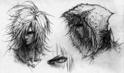 Rule 34 | 1boy, blackmaterial, closed mouth, frown, greyscale, hair over eyes, hatching (texture), highres, hood, hood up, jewelry, male focus, medium hair, messy hair, monochrome, multiple views, necklace, profile, sketch, torn, torn clothes, traditional media, yukineon