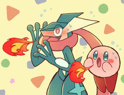 Rule 34 | blue eyes, blush, blush stickers, breath weapon, breathing fire, creatures (company), fire, flying sweatdrops, full body, furry, game freak, gen 6 pokemon, greninja, hands up, jumping, kirby, kirby (series), long tongue, nintendo, nose blush, open mouth, pokemon, pokemon (creature), red eyes, shiwo (siwosi), standing, super smash bros., sweat, tail, tongue, tongue out, wide-eyed, yellow background