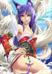 Rule 34 | 1girl, ahri (league of legends), animal ears, artist request, ass, bare shoulders, breasts, collarbone, detached sleeves, facial mark, fox ears, fox tail, hand on own hip, korean clothes, league of legends, light purple hair, lips, long hair, looking at viewer, low neckline, medium breasts, multiple tails, panties, pantyshot, solo, tail, underwear, whisker markings, white panties