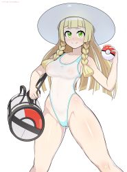 Rule 34 | 1girl, absurdres, alternate breast size, blonde hair, blunt bangs, blush, braid, breasts, cameltoe, creatures (company), game freak, green eyes, hat, highres, lillie (pokemon), long hair, looking at viewer, medium breasts, navel, nintendo, nisetanaka, one-piece swimsuit, parted lips, pokemon, pokemon sm, skindentation, solo, standing, sun hat, swimsuit, twin braids, underboob, water, white background, white hat, white one-piece swimsuit