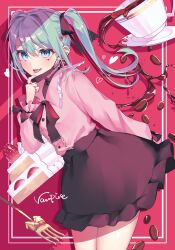 Rule 34 | 1girl, absurdres, aqua eyes, aqua hair, barbell piercing, black mask, black ribbon, black skirt, blush, coffee cup, collared shirt, cup, deco27, disposable cup, ear piercing, earrings, facial mark, frilled shirt collar, frills, hair ornament, hair ribbon, hatsune miku, heart, heart facial mark, heart hair ornament, highres, industrial piercing, jewelry, kurobikari, long hair, long sleeves, looking at viewer, mask, mask pull, mouth mask, multiple rings, open mouth, piercing, pink shirt, ribbon, ring, shirt, skirt, solo, standing, tongue, twintails, vampire (vocaloid), vocaloid