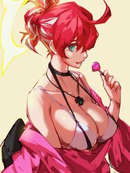Rule 34 | 1girl, ahoge, alternate hairstyle, breasts, candy, cleavage, spiked halo, food, green eyes, guilty gear, guilty gear strive, hair bun, halo, highres, holding, holding candy, holding food, holding lollipop, jack-o&#039; valentine, large breasts, lollipop, long hair, looking at viewer, multicolored hair, red hair, single hair bun, smile, solo, two-tone hair, ura dora, white hair