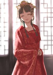 Rule 34 | 1girl, absurdres, chinese clothes, closed eyes, collarbone, contactmn, hair ornament, highres, kusuriya no hitorigoto, light, light smile, maomao (kusuriya no hitorigoto), multi-tied hair, solo, teeth, upper body, wide sleeves