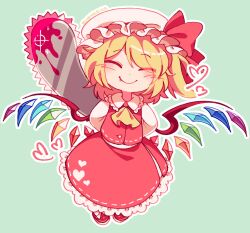 Rule 34 | 1girl, aqua background, arms behind back, ascot, blonde hair, blush, chainsaw, closed eyes, closed mouth, collared shirt, crystal, fang, flandre scarlet, frilled shirt collar, frills, full body, hat, heart, highres, long hair, long sleeves, mob cap, one side up, red footwear, red skirt, red vest, shirt, shoes, simple background, skirt, smile, solo, touhou, vest, white hat, white shirt, wings, yellow ascot, zuomerika