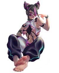 Rule 34 | 1girl, absurdres, aviator sunglasses, bare shoulders, barefoot, black hair, black pants, bracelet, breasts, candy, chest tattoo, collar, daek64, eyeliner, feet, food, food in mouth, han juri, highres, jewelry, large breasts, lips, lipstick, lollipop, makeup, medium breasts, multicolored hair, nail polish, navel, pants, pink eyes, pink hair, pink lips, simple background, sitting, soles, solo, spiked bracelet, spiked collar, spikes, stomach, streaked hair, street fighter, street fighter v, sunglasses, tattoo, teeth, toenail polish, toenails, toes, underboob, white background