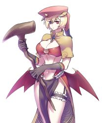 Rule 34 | 1girl, bikini, bikini top only, blonde hair, blue eyes, breasts, brown bikini, brown capelet, brown gloves, capelet, cleavage, commentary request, dated, demon wings, elbow gloves, feet out of frame, gloves, heterochromia, hexagram, highres, holding, holding sword, holding weapon, horns, large breasts, looking at viewer, low wings, mage (ragnarok online), navel, open mouth, pelvic curtain, ragnarok online, red eyes, red headwear, red skirt, red wings, rouko605, short hair, showgirl skirt, simple background, skirt, solo, swimsuit, sword, thigh strap, transparent background, weapon, wings