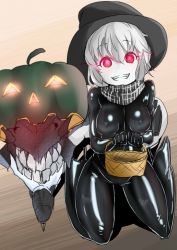 Rule 34 | 10s, 1girl, abyssal ship, ayuayu (shouyu no sato), basket, black bodysuit, bodysuit, breasts, colored skin, glowing, glowing eyes, grin, hat, high heels, jack-o&#039;-lantern, kantai collection, latex, latex suit, pumpkin, re-class battleship, red eyes, shiny clothes, short hair, silver hair, sitting, small breasts, smile, solo, wariza, white skin