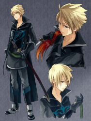 Rule 34 | 00s, 1boy, alternate costume, blonde hair, blue eyes, boots, coat, full body, grey background, guy cecil, maka (morphine), male focus, multiple persona, pants, scabbard, sheath, smile, solo, tales of (series), tales of the abyss