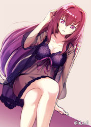 Rule 34 | 1girl, breasts, cleavage, fal (fal-se-0), fate/grand order, fate (series), crossed legs, long hair, medium breasts, nightgown, purple hair, red eyes, scathach (fate), sitting, solo, very long hair