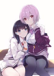 Rule 34 | 2girls, bee doushi, black hair, black skirt, blue eyes, bow, breasts, cardigan, chair, closed mouth, collared shirt, commentary request, desk, earbuds, earphones, grey legwear, gridman universe, hair between eyes, hand up, head tilt, highres, jacket, long hair, long sleeves, medium breasts, miniskirt, multiple girls, off shoulder, on chair, on desk, orange scrunchie, pantyhose, pink bow, pink hair, pleated skirt, purple jacket, red bow, red eyes, school chair, school desk, scrunchie, shared earphones, shinjou akane, shirt, short hair, signature, simple background, sitting, skirt, sleeves past wrists, smile, ssss.gridman, takarada rikka, white background, white cardigan, white shirt, wrist scrunchie, yuri