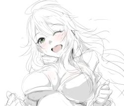 Rule 34 | 1girl, ;d, blush, breasts, clearite, hoshii miki, idolmaster, idolmaster (classic), long hair, monochrome, one eye closed, open mouth, simple background, smile, solo, white background, wink