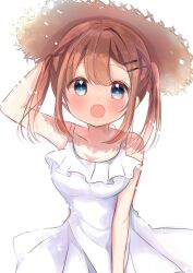 Rule 34 | 1girl, :o, arm up, bare arms, bare shoulders, blue eyes, blush, breasts, brown hair, brown hat, character request, collarbone, copyright request, dress, hair ornament, hairclip, hand on headwear, hat, highres, looking at viewer, medium breasts, nanami ayane (kusunoki5050), open mouth, sidelocks, simple background, solo, straw hat, sundress, twintails, upper body, white background, white dress