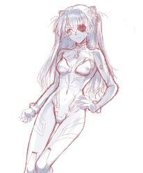 Rule 34 | 1girl, artist request, bodysuit, breasts, curvy, evangelion: 3.0+1.0 thrice upon a time, eyepatch, highres, interface headset, long hair, looking to the side, medium breasts, monochrome, neon genesis evangelion, pilot suit, plugsuit, rebuild of evangelion, simple background, solo, souryuu asuka langley, wide hips