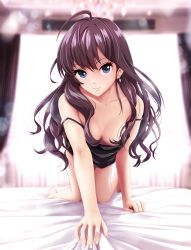 Rule 34 | 10s, 1girl, :3, ahoge, all fours, blue eyes, blurry, breasts, brown hair, chandelier, cleavage, curtains, depth of field, downblouse, hair over breasts, highres, ichinose shiki, idolmaster, idolmaster cinderella girls, infinote, light particles, long hair, looking at viewer, medium breasts, on bed, seductive smile, smile, solo, strap slip, window
