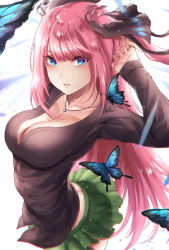 Rule 34 | 1girl, black ribbon, blue butterfly, blue eyes, blunt bangs, breasts, bug, butt crack, butterfly, cleavage, duplicate, go-toubun no hanayome, hair ornament, hair ribbon, highres, hikari (komitiookami), insect, jewelry, large breasts, long hair, long sleeves, looking at viewer, nakano nino, necklace, parted lips, pink hair, pleated skirt, revision, ribbon, shirt, skirt, solo, sweater, thighs