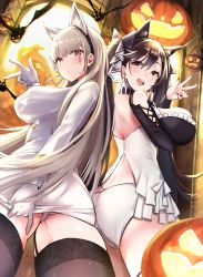Rule 34 | 2girls, adjusting clothes, adjusting skirt, animal ears, arm between breasts, ass, atago (azur lane), atago (azur lane) (cosplay), azur lane, back, bare shoulders, bat (animal), black dress, black hair, black hairband, black legwear, blush, breasts, brown eyes, cosplay, costume switch, dress, earrings, extra ears, fake animal ears, formidable (azur lane), formidable (azur lane) (cosplay), frilled dress, frills, from behind, gloves, grey hair, hair ribbon, hairband, highres, jack-o&#039;-lantern, jewelry, large breasts, long hair, long sleeves, looking at viewer, looking back, mappaninatta, military, military uniform, miniskirt, mole, mole under eye, multiple girls, nail polish, open mouth, red eyes, ribbon, skirt, smile, swept bangs, thighhighs, thighs, twintails, two-tone dress, two-tone ribbon, uniform, very long hair, w, white gloves, white ribbon