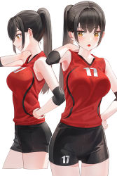 Rule 34 | 1girl, armpits, bad id, bad twitter id, black hair, black shorts, blouse, blush, breasts, collarbone, commentary request, from side, hand on own hip, highres, kfr, large breasts, looking at viewer, multiple views, open mouth, original, ponytail, red shirt, shirt, short shorts, shorts, simple background, sleeveless, sleeveless shirt, sportswear, sweat, thighs, volleyball uniform, white background, yellow eyes