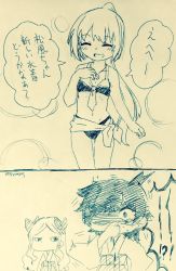 Rule 34 | 2koma, 3girls, ahoge, alternate costume, asakaze (kancolle), bare shoulders, bikini, blood, blush, breasts, closed eyes, collarbone, comic, constricted pupils, covering own mouth, crescent moon, fumizuki (kancolle), gluteal fold, hair ornament, hand on own chest, japanese clothes, jewelry, jitome, kantai collection, kimono, long hair, long sleeves, matsukaze (kancolle), meiji schoolgirl uniform, midriff, moon, multiple girls, nami nami (belphegor-5812), navel, necklace, nosebleed, ponytail, shaded face, short hair, small breasts, smile, speech bubble, surprised, sweat, swimsuit, traditional media, twitter username, wavy hair, wide sleeves