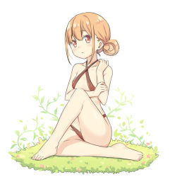 Rule 34 | 1girl, bare arms, bare legs, bare shoulders, barefoot, bikini, blush, breasts, brown bikini, brown hair, closed mouth, collarbone, criss-cross halter, full body, hair between eyes, hair bun, halterneck, hand up, hatsunatsu, knee up, looking at viewer, on grass, red eyes, sidelocks, single hair bun, sitting, small breasts, solo, swimsuit, white background, xiaoyuan (you can eat the girl), you can eat the girl