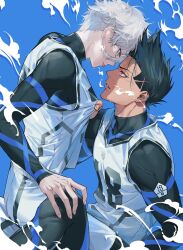 Rule 34 | 2boys, :p, absurdres, barou shouei, black hair, blue background, blue eyes, blue lock, bomber tarou, cropped legs, forehead-to-forehead, hair between eyes, heads together, highres, holding, holding clothes, jersey, long sleeves, looking at another, male focus, multiple boys, nagi seishirou, parted lips, red eyes, short hair, simple background, skin tight, smoke, soccer uniform, spiked hair, sportswear, tank top, tongue, tongue out, white hair, white tank top