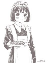 Rule 34 | 1girl, alternate costume, apron, blush, bob cut, brown theme, closed mouth, dated, dot nose, dress, enmaided, food, holding, holding plate, horikou, koguma (super cub), long sleeves, looking at viewer, maid, maid apron, maid headdress, monochrome, plate, short hair, signature, simple background, solo, super cub, white background