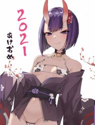Rule 34 | 1girl, 2021, akeome, alternate costume, bad id, bad pixiv id, bare shoulders, bikini, black kimono, blush, breasts, breasts apart, closed mouth, collarbone, eyepatch bikini, fate/grand order, fate (series), floral print, flower, hair flower, hair ornament, happy new year, horns, japanese clothes, kimono, long sleeves, looking at viewer, micro bikini, navel, new year, obi, off shoulder, oni kanzei, open clothes, open kimono, print bikini, purple eyes, purple hair, red flower, sash, short hair, shuten douji (fate), simple background, skin-covered horns, sleeves past fingers, sleeves past wrists, small breasts, solo, swimsuit, translation request, underboob, upper body, white background, white bikini, wide sleeves