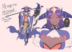 Rule 34 | 1girl, ?, ascot, black sclera, blue dress, blue thighhighs, breasts, cleavage, closed mouth, collar, colored sclera, creatures (company), dark-skinned female, dark skin, dress, eyeshadow, fangs, fangs out, fingerless gloves, game freak, garchomp, gen 4 pokemon, gloves, grey background, highres, holding, holding weapon, horns, huge breasts, lipstick, long sleeves, looking at viewer, makeup, medium hair, meyneth (nyantcha), multiple views, nintendo, nyantcha, original, pelvic curtain, pink eyeshadow, pink lips, pointy ears, pokemon, purple hair, scythe, simple background, skin fangs, spiked collar, spikes, spoken question mark, standing, thighhighs, toeless legwear, weapon, white ascot, wide sleeves, yellow eyes