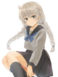 1boy black_socks blue_neckerchief braid collarbone crossdressing grey_eyes grey_serafuku highres juusan_kihei_bouei_ken kneehighs light_blush male_focus mugi_(banban53) neckerchief okino_tsukasa pleated_skirt school_uniform serafuku side_ahoge sitting skirt smile socks solo trap twin_braids white_background white_hair