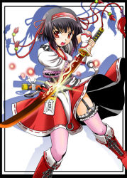 Rule 34 | 1girl, adapted uniform, bad id, bad pixiv id, black hair, boots, cross-laced footwear, frilled thighhighs, frills, fujishima shinnosuke, garter belt, garter straps, hairband, japanese clothes, katana, knee boots, lace-up boots, miko, nontraditional miko, ofuda, open mouth, original, pink thighhighs, red eyes, red footwear, ribbon-trimmed clothes, ribbon trim, short hair, solo, sword, thighhighs, weapon