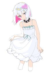 Rule 34 | 1girl, absurdres, bare shoulders, collar, colored inner hair, cropped legs, dohna dohna issho ni warui koto o shiyou, dress, expressionless, flat chest, hair ornament, heart, heart hair ornament, highres, looking at viewer, multicolored hair, pink eyes, pink hair, porno (dohna dohna), ri-el, short hair, simple background, skirt hold, sleeveless, sleeveless dress, solo, spiked collar, spikes, two-tone hair, white background, white dress, white hair