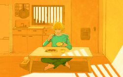 Rule 34 | 1boy, barefoot, blonde hair, bowl, chainsaw man, chopsticks, denji (chainsaw man), dining room, food, highres, holding, holding chopsticks, light rays, looking at object, meat, open mouth, rice bowl, short hair, sitting, solo, tissue box, tuzaixia, yellow theme