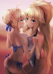 Rule 34 | 2girls, ahoge, artoria pendragon (all), artoria pendragon (fate), artoria pendragon (swimsuit archer) (fate), blonde hair, blue eyes, blush, breasts squeezed together, breasts, competition swimsuit, fate/grand order, fate (series), food, green eyes, holding hands, highres, jeanne d&#039;arc alter (fate), jeanne d&#039;arc (fate), jeanne d&#039;arc (ruler) (fate), jeanne d&#039;arc (swimsuit archer) (fate), large breasts, long hair, medium breasts, multiple girls, one-piece swimsuit, pocky, pocky kiss, ponytail, saber (fate), shared food, standing, swimsuit, very long hair