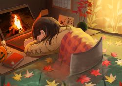 Rule 34 | 1girl, absurdres, bedroom, blanket, book, brown hair, calendar (object), chair, clock, closed eyes, computer, cross-laced clothes, cross-laced sleeves, desk, fireplace, haiyuki yuki, head down, highres, indoors, jack-o&#039;-lantern, laptop, leaf, maple leaf, original, partially submerged, partially underwater shot, plant, sitting, sleeping, solo, sweater, water, window