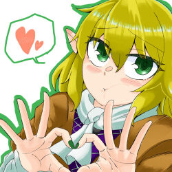Rule 34 | 1girl, :t, arm warmers, blonde hair, blush, brown shirt, closed mouth, commentary request, ear blush, fingernails, green eyes, green nails, green outline, hair between eyes, heart, heart hands, looking at viewer, medium bangs, mizuhashi parsee, outline, pointy ears, puffy cheeks, rize muri, scarf, shirt, short hair, short sleeves, simple background, solo, spoken heart, touhou, upper body, white background, white scarf