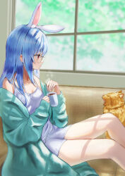 Rule 34 | 1girl, absurdres, animal ears, camisole, cat, coffee mug, commentary request, couch, cup, extra ears, glasses, highres, hololive, indoors, ky00, loungewear, mug, on couch, rabbit ears, red eyes, round eyewear, sitting, solo, usada pekora, virtual youtuber, white camisole