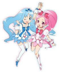 Rule 34 | 10s, 2girls, blue eyes, blue hair, blue skirt, boots, bow, brooch, cure blossom, cure marine, earrings, hair ornament, hanasaki tsubomi, heart, heart brooch, heartcatch precure!, jewelry, knee boots, kurumi erika, long hair, magical girl, mattaku mousuke, multiple girls, one eye closed, pink bow, pink eyes, pink hair, ponytail, precure, simple background, skirt, thighhighs, very long hair, white background, wink