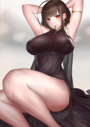 Rule 34 | 1girl, absurdres, ahoge, alternate costume, arm support, armlet, arms behind head, black dress, blunt bangs, blush, breasts, brown hair, casual, choker, closed mouth, covered erect nipples, dress, dsr-50 (girls&#039; frontline), dsr-50 (highest bid) (girls&#039; frontline), earrings, gem, girls&#039; frontline, hair ornament, hair over shoulder, highres, jewelry, kumasang, large breasts, leaning back, long hair, looking at viewer, mouth hold, no bra, pendant, red eyes, red gemstone, ring, see-through, sideboob, sidelocks, sitting, skindentation, smile, solo, thighs, very long hair