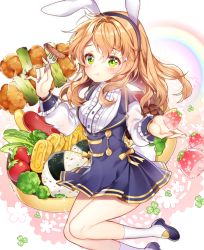Rule 34 | 1girl, animal ears, blush, breasts, brown hair, closed mouth, dress, fake animal ears, food, fork, fruit, green eyes, hairband, holding, holding fork, long hair, looking at viewer, medium breasts, original, pinafore dress, pingo, rabbit ears, sausage, sleeveless dress, solo, strawberry