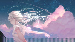 Rule 34 | 1girl, backlighting, blurry, blurry background, breasts, closed mouth, clothes lift, cloud, cloudy sky, commentary, contrail, english commentary, expressionless, eyelashes, closed eyes, floating hair, from side, highres, kururi, long hair, nebula, night, night sky, original, outdoors, outstretched arms, pink clouds, pink theme, profile, purple theme, railing, shaded face, shirt, short sleeves, sideboob, skirt, skirt lift, sky, small breasts, solo, star (sky), starry sky, straight hair, upper body, water drop, white hair, white shirt, wind, wind lift