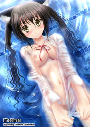 Rule 34 | 00s, 1girl, :o, animal ear fluff, animal ears, black hair, blush, bottomless, breasts, cat ears, floating, hair between eyes, k-on!, nakano azusa, navel, nipples, no bra, no panties, obiwan, open clothes, open shirt, partially submerged, see-through, shirt, solo, twintails, water, wet, white shirt, yellow eyes