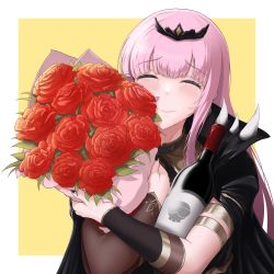 Rule 34 | 1girl, absurdres, blunt bangs, blush, bottle, bouquet, clero (viprimo), flower, highres, holding, hololive, hololive english, long hair, mori calliope, pink hair, rose, smile, solo, spikes, tears, tiara, veil, virtual youtuber, wine bottle