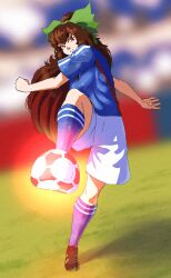 Rule 34 | 1girl, absurdres, alternate costume, ball, blue shirt, blue socks, blurry, blurry background, bow, brown eyes, brown hair, closed mouth, commentary, english commentary, full body, green bow, hair bow, highres, long hair, looking at viewer, outdoors, reiuji utsuho, shirt, short sleeves, shorts, soccer ball, soccer uniform, socks, solo, spookoarts, sportswear, touhou, white shorts