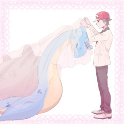 Rule 34 | 1boy, bad id, bad pixiv id, baseball cap, border, brown hair, brown pants, buttons, closed eyes, closed mouth, commentary request, creatures (company), from side, game freak, gen 1 pokemon, hands up, hat, highres, jacket, lapras, long sleeves, male focus, nintendo, pants, pink border, pokemon, pokemon (creature), pokemon sm, pumpkinpan, red (pokemon), red headwear, shoes, short hair, spiked hair, standing, tiara, veil, white footwear, white jacket