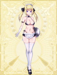Rule 34 | 1girl, apron, bare shoulders, bikini, black bikini, black footwear, black ribbon, black skirt, blonde hair, bodysuit, breasts, chain paradox, cleavage, closed mouth, cocytus (wind master), commentary, frilled skirt, frills, full body, gloves, hair ornament, halterneck, holding, holding tray, legs together, long hair, looking at viewer, maid, maid bikini, maid headdress, mary janes, medium breasts, microskirt, navel, purple eyes, revealing clothes, ribbon, shiny skin, shoes, skin tight, skirt, smile, solo, string bikini, swimsuit, thighhighs, tray, twintails, unconventional maid, waist apron, white apron, white gloves, white thighhighs, yellow background, ||/
