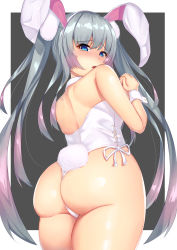 Rule 34 | 1girl, alternate costume, animal ears, ass, azur lane, bare shoulders, blue eyes, blush, breasts, detached collar, fake animal ears, grey hair, hair between eyes, hair ornament, halsey powell (azur lane), highres, large breasts, leotard, long hair, looking at viewer, looking back, multicolored hair, open mouth, playboy bunny, purple hair, rabbit ears, rabbit tail, solo, tail, tak., twintails