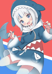 Rule 34 | 1girl, animal costume, animal hood, blue eyes, blue hoodie, blunt bangs, blush, breasts, fins, fish tail, gawr gura, gawr gura (1st costume), highres, hololive, hololive english, hood, hoodie, looking at viewer, multicolored hair, nail polish, open mouth, shark costume, shark girl, shark hood, shark print, shark tail, sharp teeth, simple background, siragagaga, smile, solo, streaked hair, tail, teeth, virtual youtuber